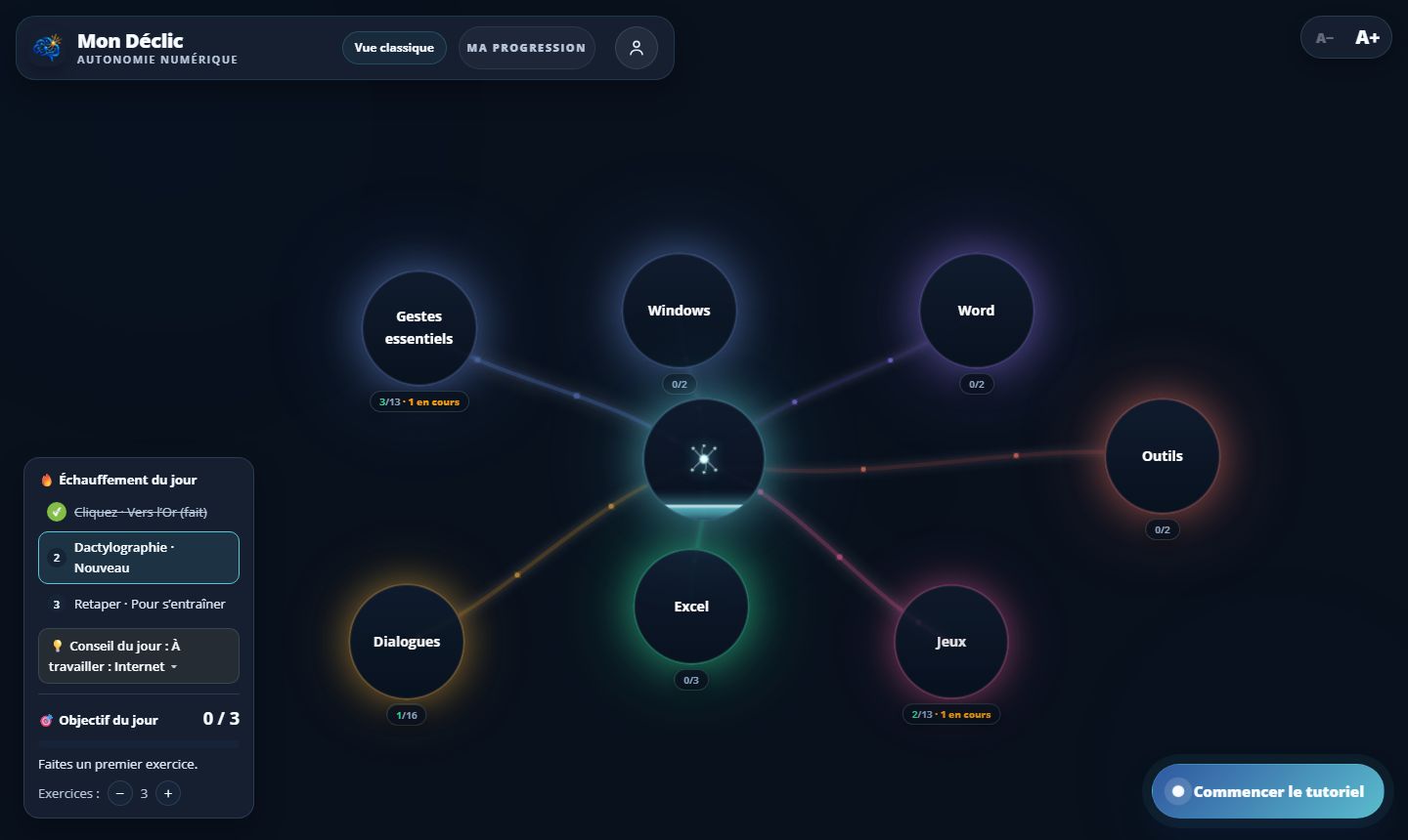 La carte des exercices de Mon Déclic : des bulles Gestes essentiels, Windows, Word, Excel, Outils, Dialogues et Jeux, avec l’échauffement du jour à gauche.