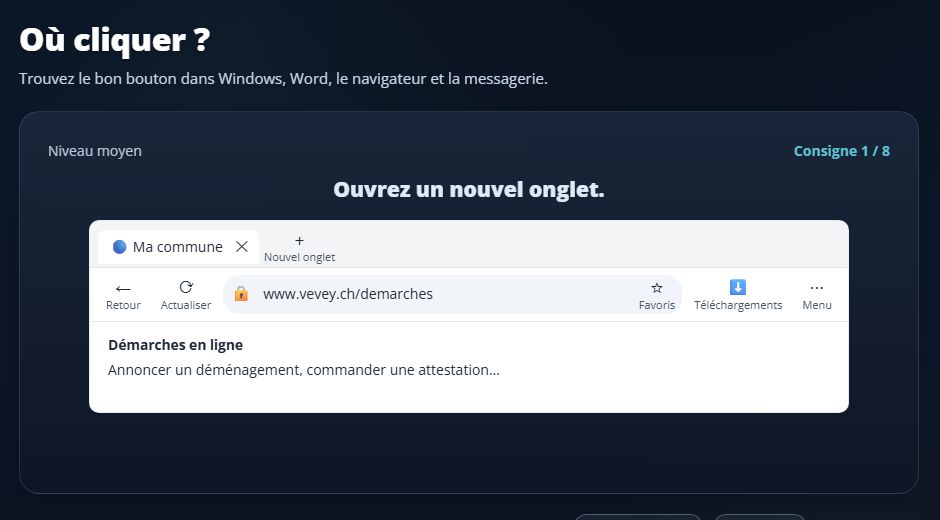 Le jeu « Où cliquer ? » : la consigne « Rechargez la page » au-dessus d’un navigateur dessiné.