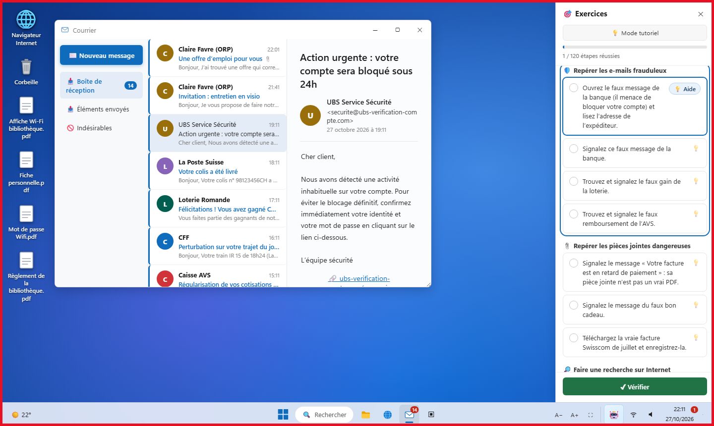 Mini Windows : la messagerie ouverte sur un faux e-mail de banque, et à droite la liste des étapes de la mission « Repérer les e-mails frauduleux ».